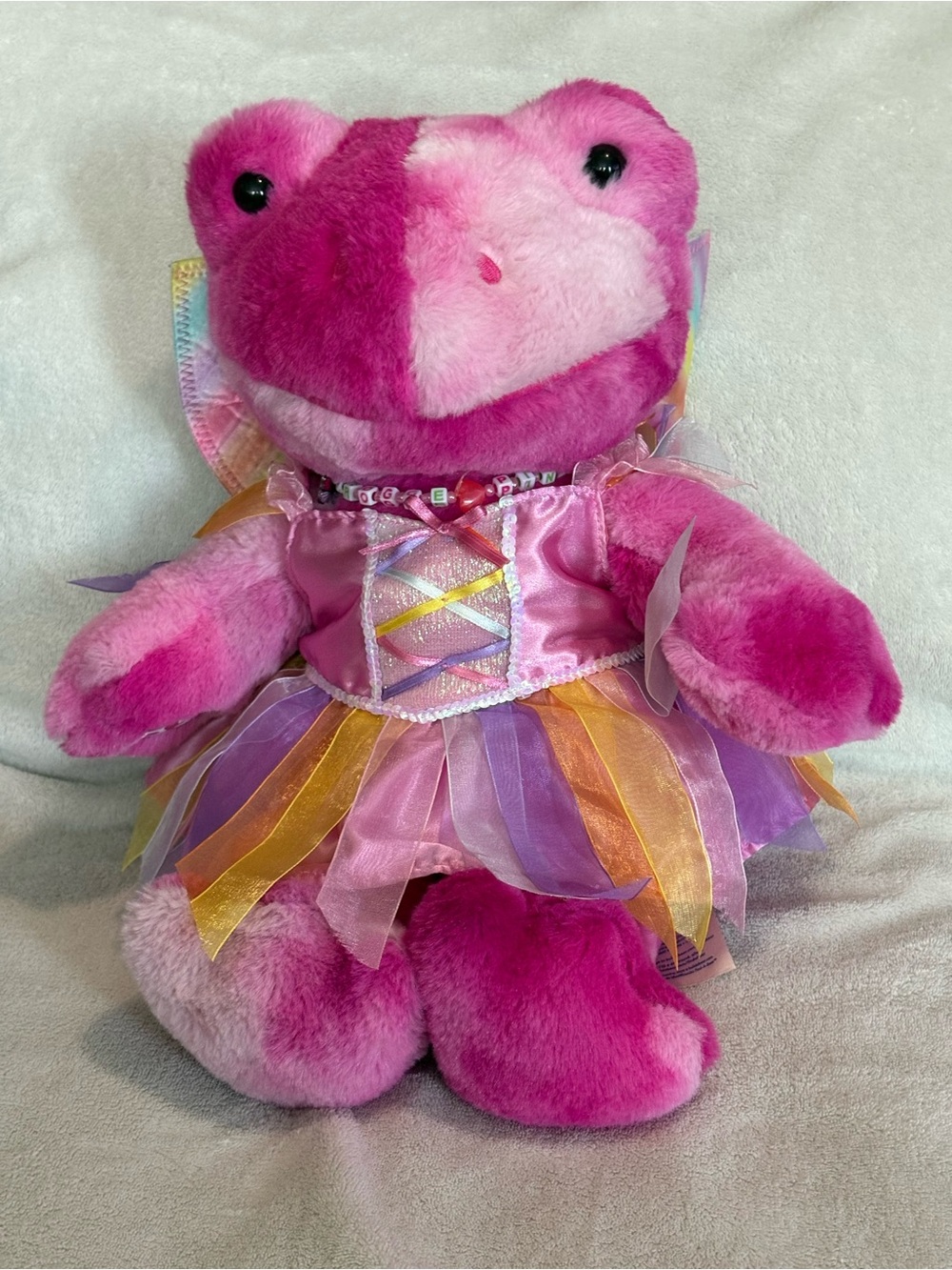 2022 Build A Bear Pink Tie Dye Frog Plush Stuffed Toy Sequin Dress & Wings 16”